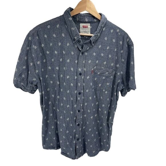 Levi's Mens Button Up Shirt Leaf Print Short Sleeve Cotton Pocket Blue Large - Picture 7 of 8